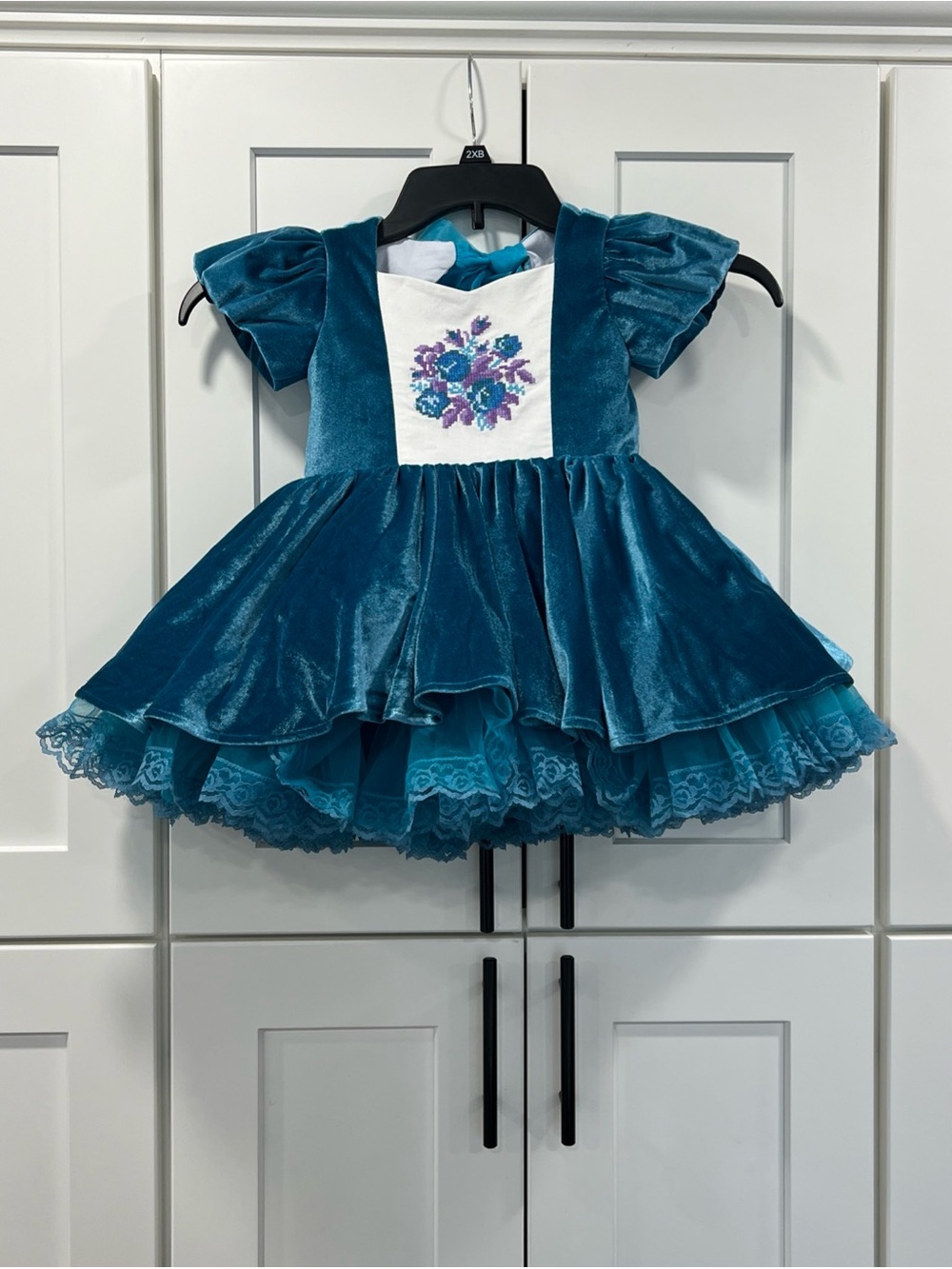 Dollcake Floral Needlepoint Velvet Girls 2T Teal Ruffle Lace Formal Pageant